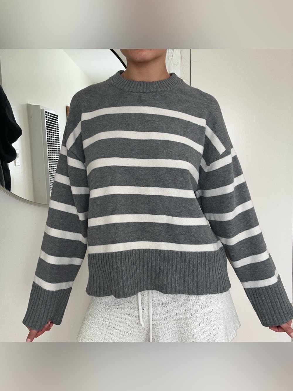 H&M White and Grey Striped Cozy Sweater